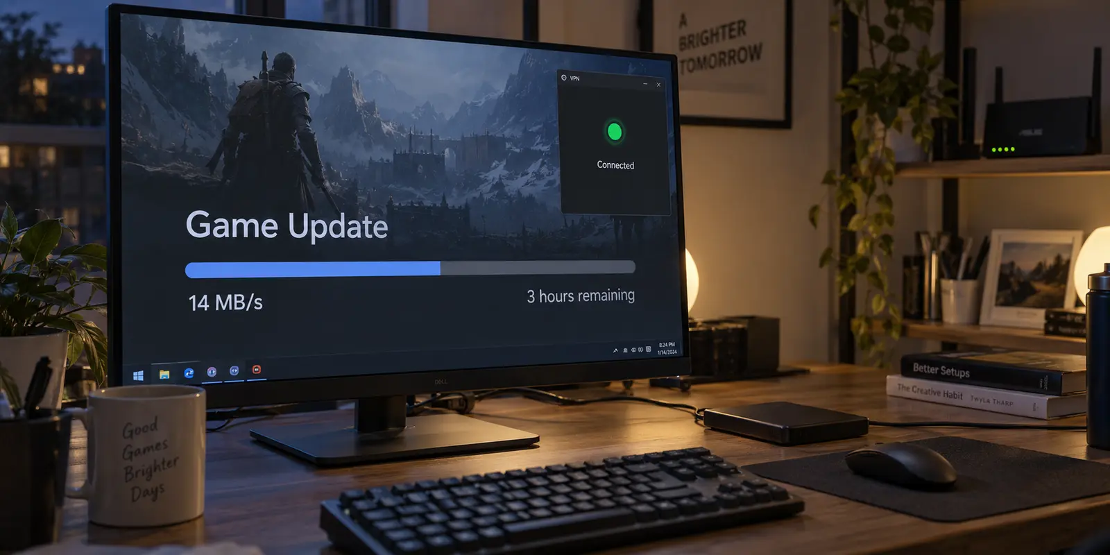 A large game update slows to 14 MB per second while the VPN remains connected