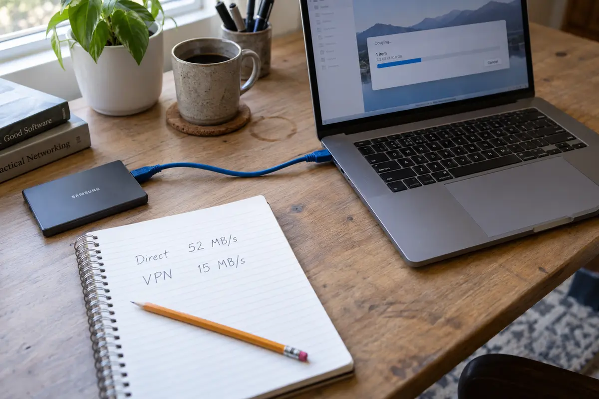 A notebook records settled direct and VPN transfer rates beside a wired laptop