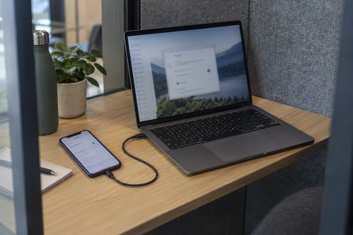 A laptop tests the same VPN through a phone’s USB cellular connection