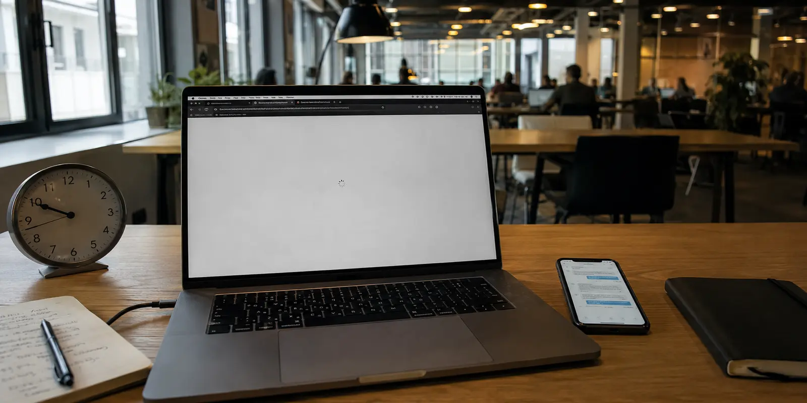 Un portail professionnel reste bloqué pendant une conversation avec le support dans un espace de coworking
