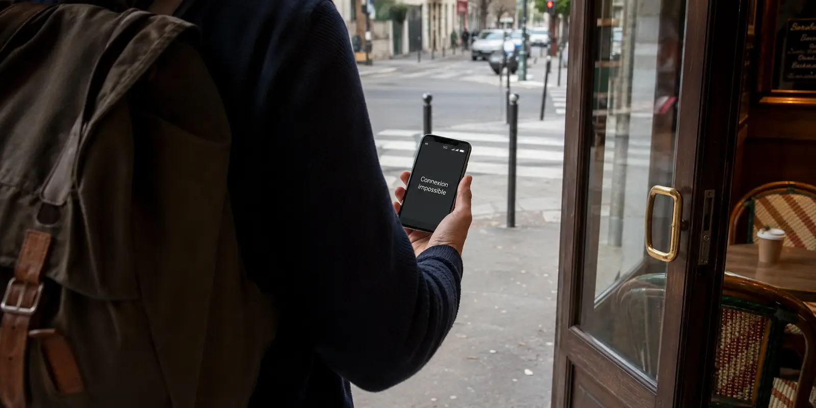 Voyageur quittant un café tandis que son téléphone sur RED 5G affiche « Connexion impossible » pour le VPN