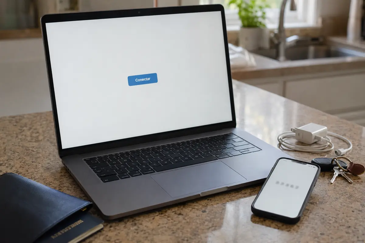 Portátil con una configuración sencilla sin campos de correo ni contraseña junto a un teléfono