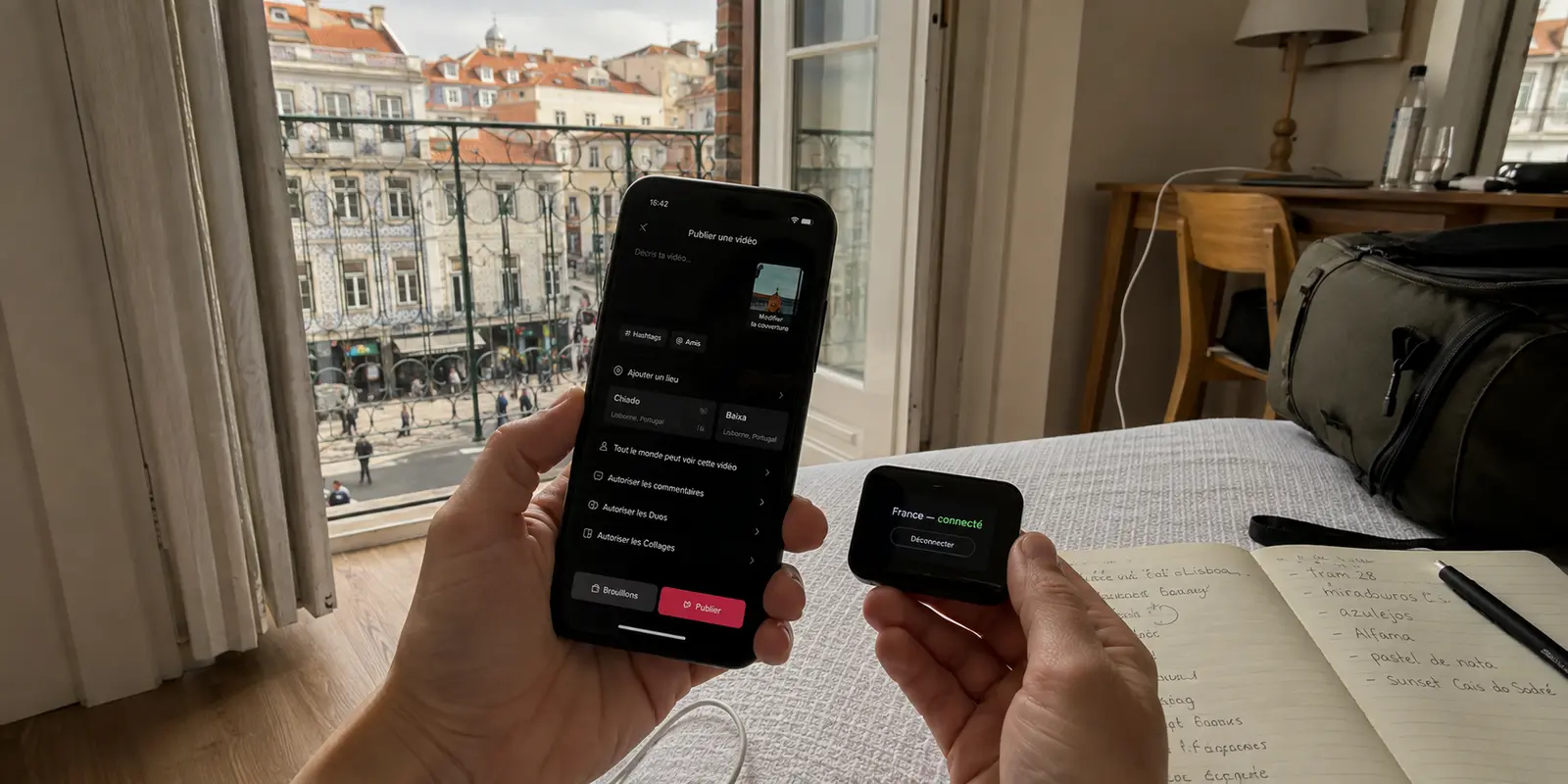 Des lieux proches de Lisbonne suggérés pendant une publication alors que le VPN indique une connexion en France