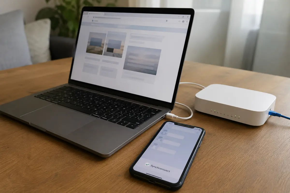 Ein vorbereiteter Netzwerktest mit geladenem Browser, synchronisiertem Messenger und Reiserouter