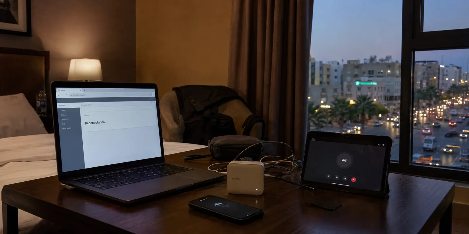 Un router de viaje que intenta reconectar mientras el portátil, el móvil y la tableta quedan detenidos