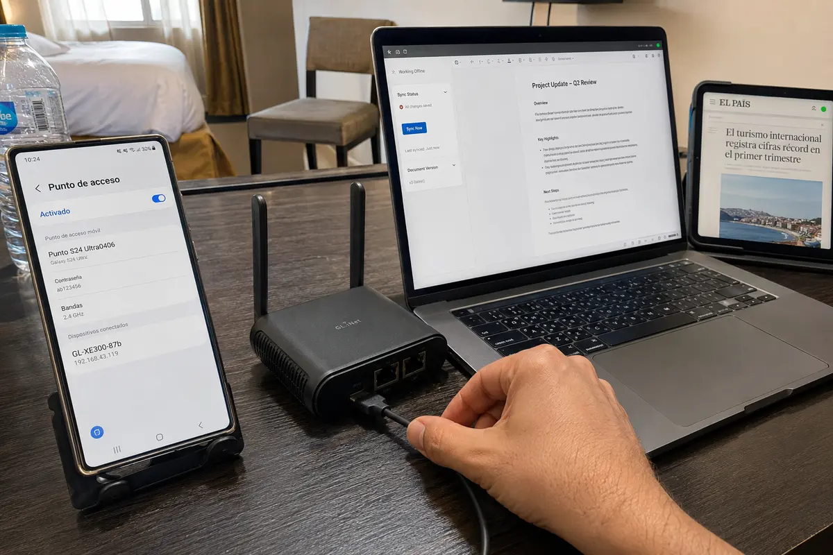 Un móvil comparte datos con el router de viaje mientras el portátil y la tableta mantienen sus propias sesiones