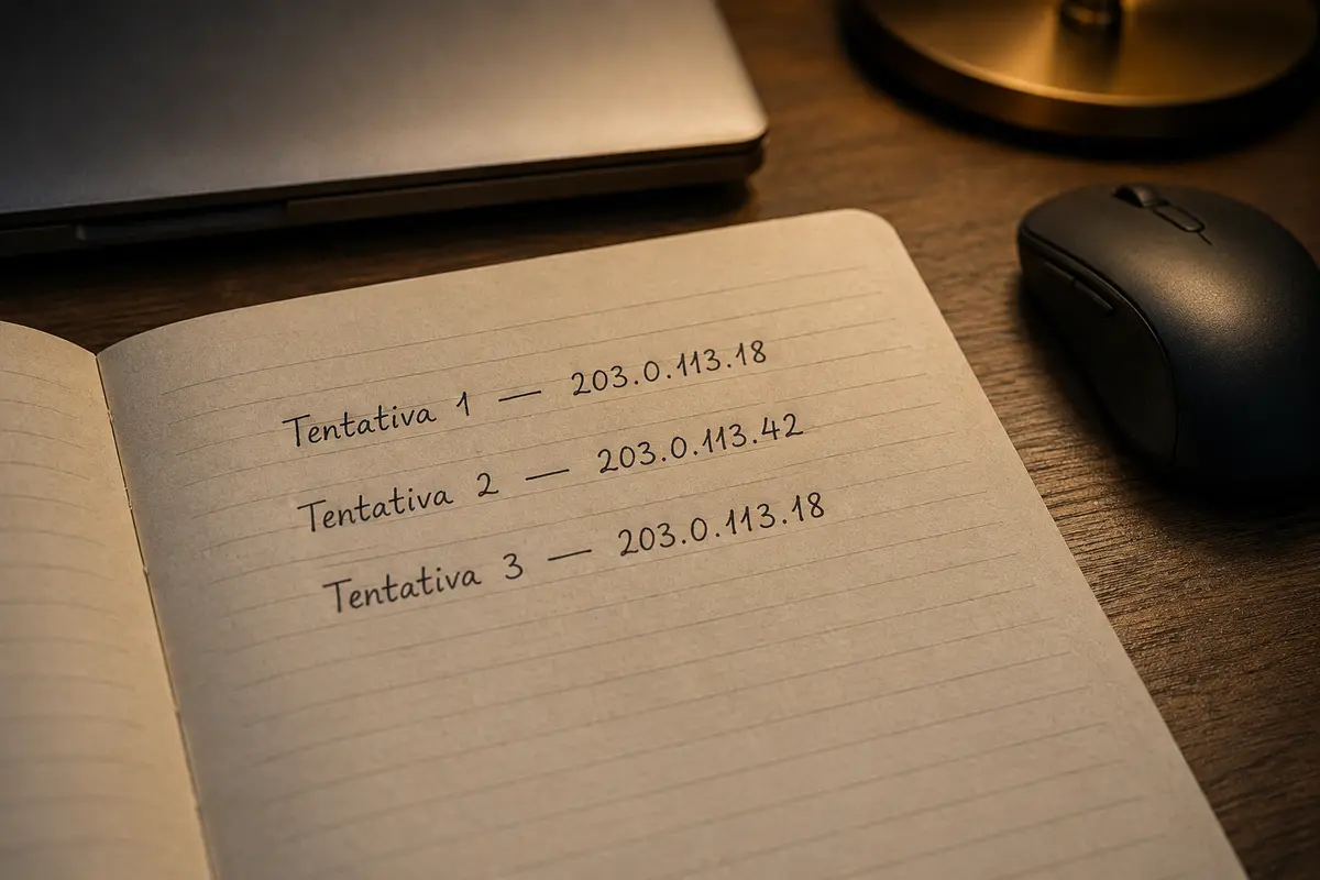 Três tentativas de conexão anotadas, com um endereço IP brasileiro de teste repetido