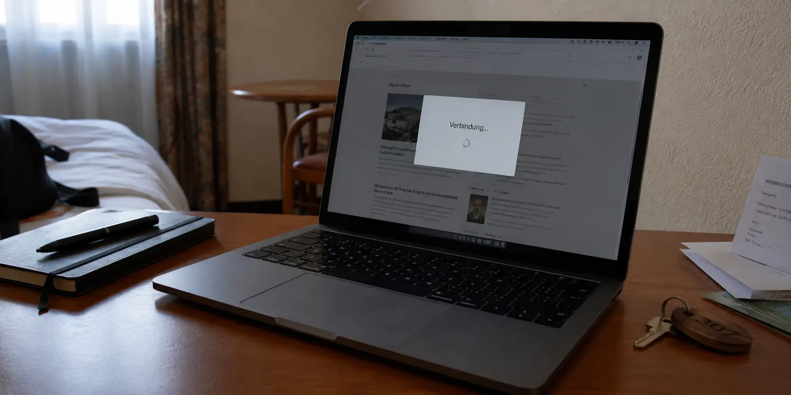 Ein Laptop im Hotelzimmer mit einer festhängenden VPN-Verbindung