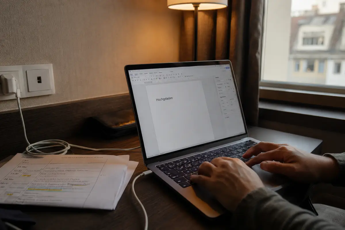 Eine hochgeladene Arbeitsdatei auf einem Laptop im Hotelzimmer