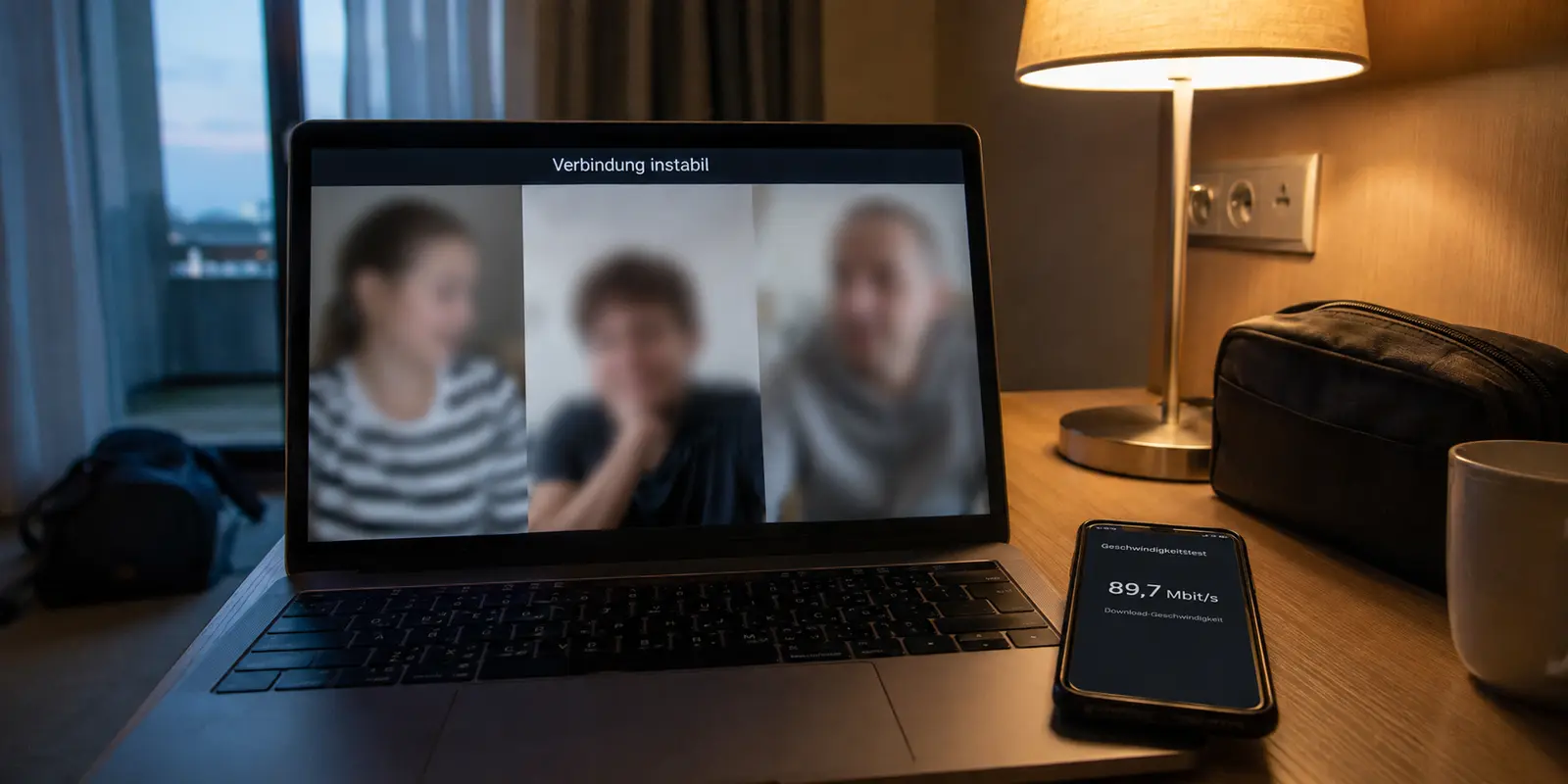 Ein Videoanruf im Hotel bleibt trotz fast 90 Mbit pro Sekunde sichtbar instabil