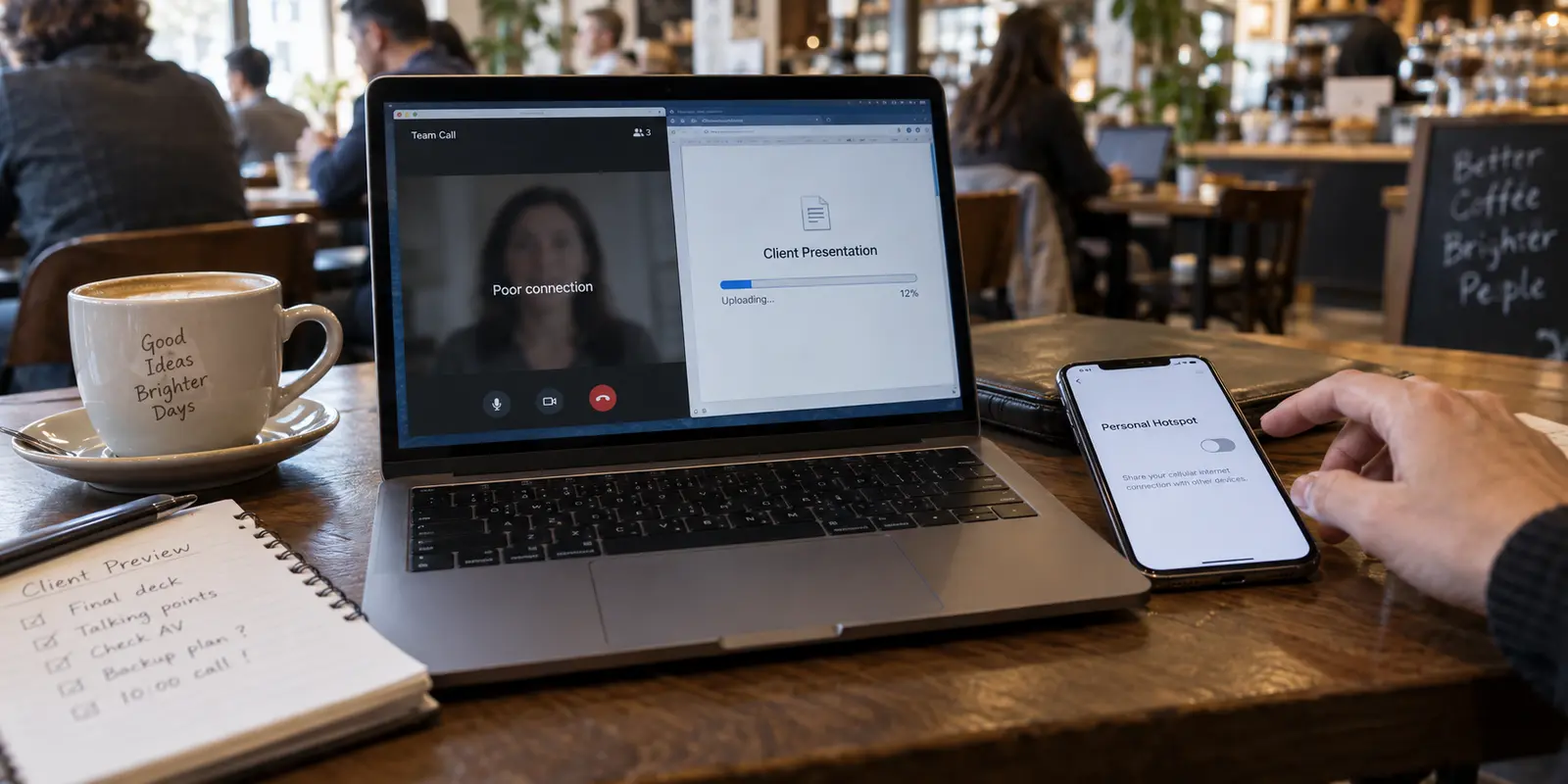 A café laptop struggling with a client call while a phone's personal hotspot is ready to be switched on