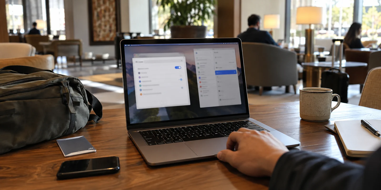 A traveler compares browser proxy and device network settings on hotel Wi-Fi
