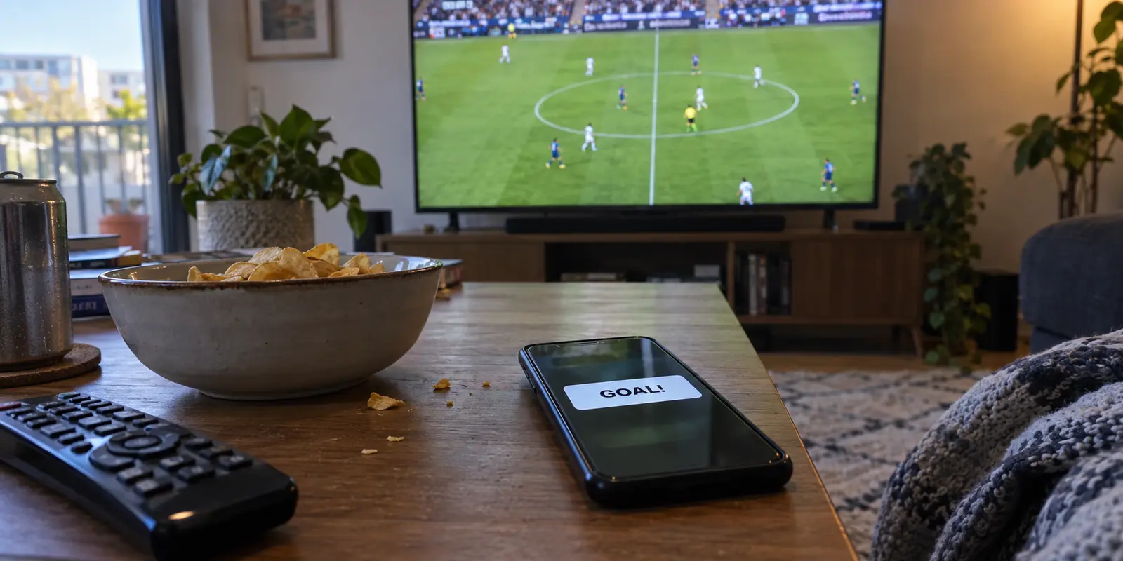 Phone displays a goal alert while the football match on television is still at midfield