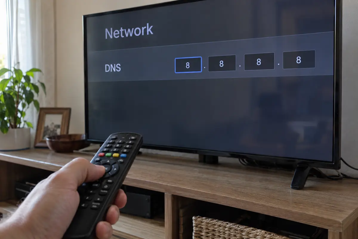 Smart television network menu with a manual DNS address being entered by remote control