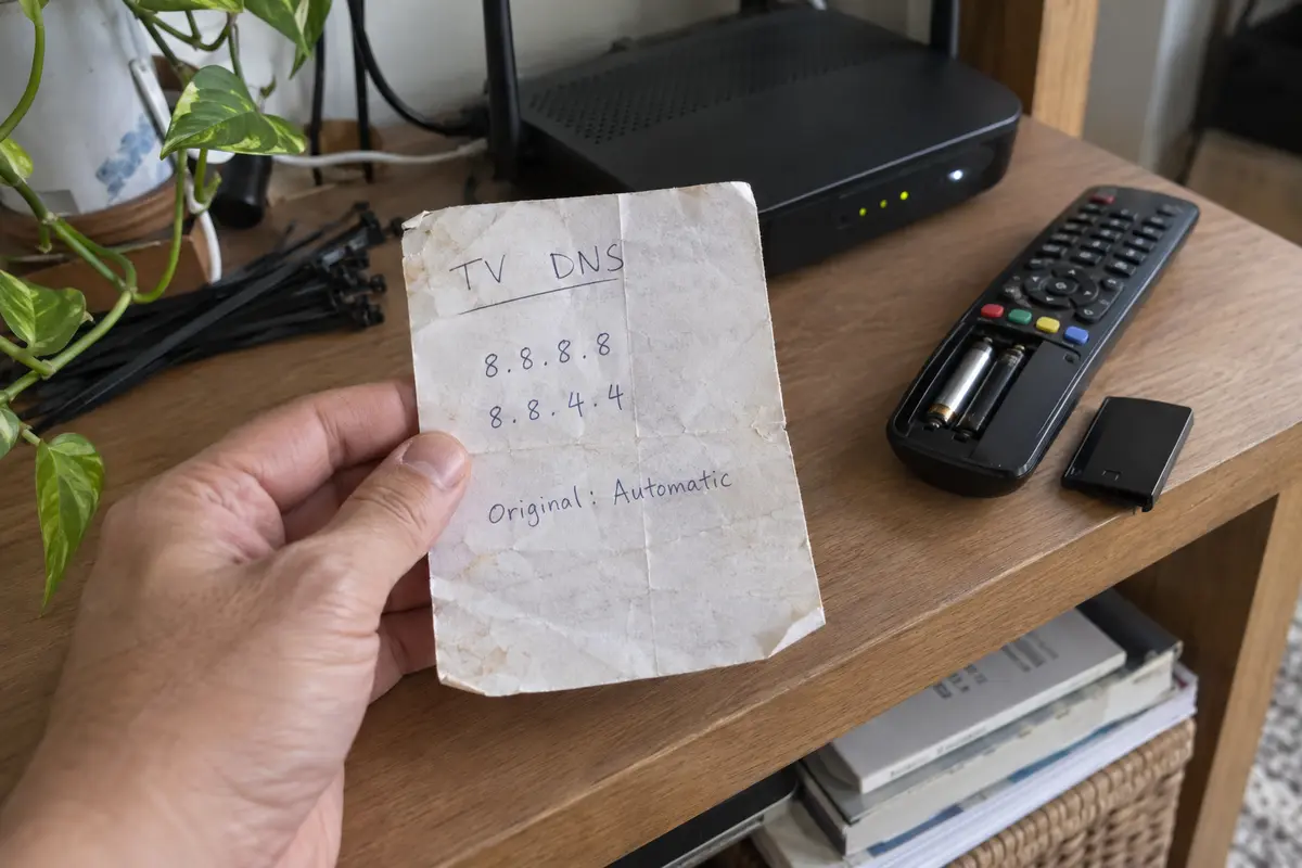 Creased handwritten note records old television DNS settings beside a home router and remote