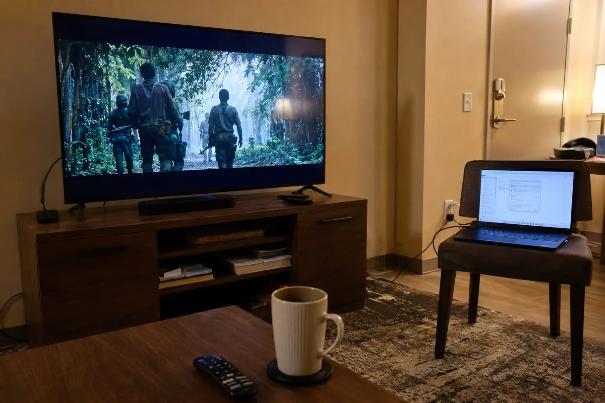 Película en reproducción en la Smart TV mientras el portátil comparte la conexión