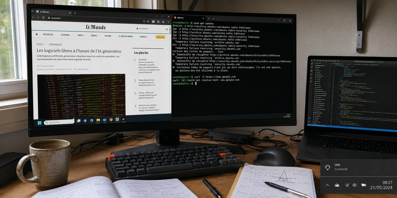 Poste Windows où le navigateur fonctionne tandis que le terminal Ubuntu échoue à résoudre les noms.