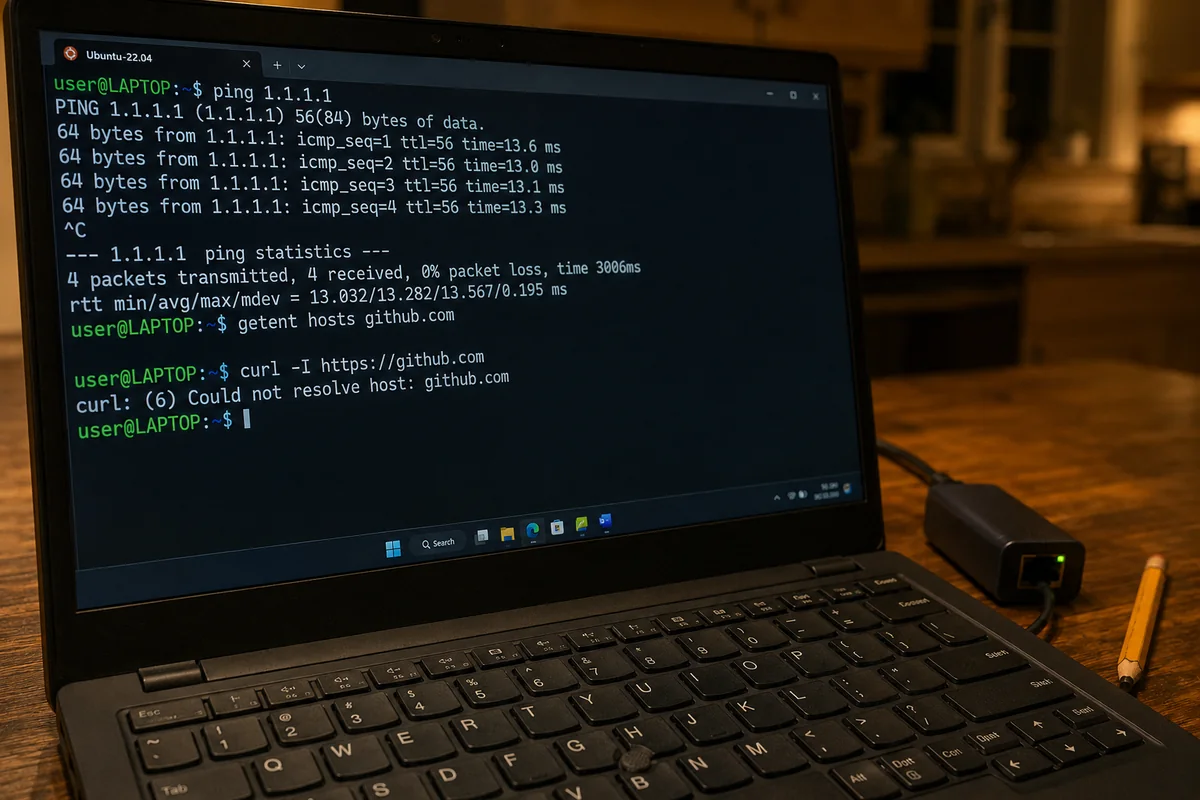 Terminal WSL2 où une adresse IP répond mais où la résolution d’un nom de domaine échoue.