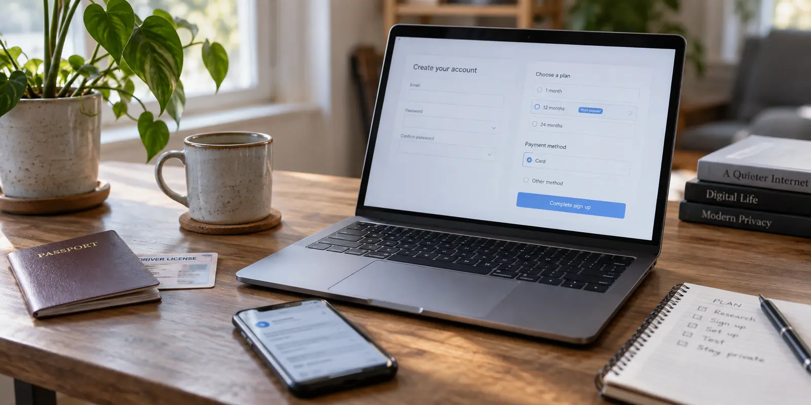 An untouched passport beside an email-based VPN signup and payment page