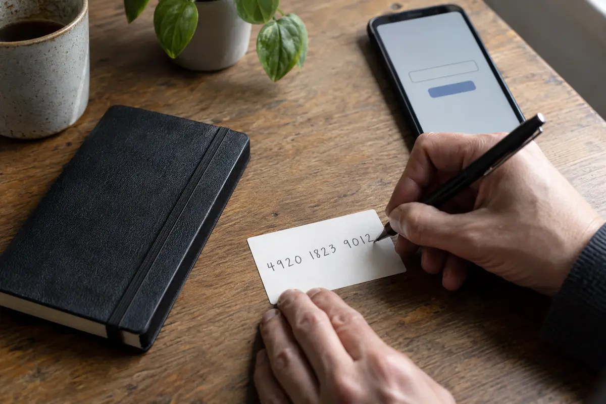 A person writing down a random twelve-digit account number