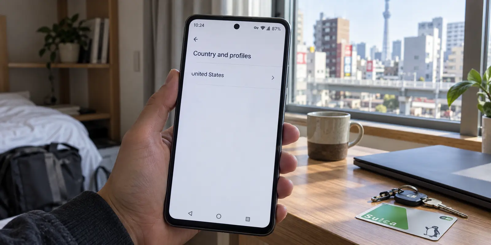 Google Play still showing the United States country profile on a phone in Tokyo
