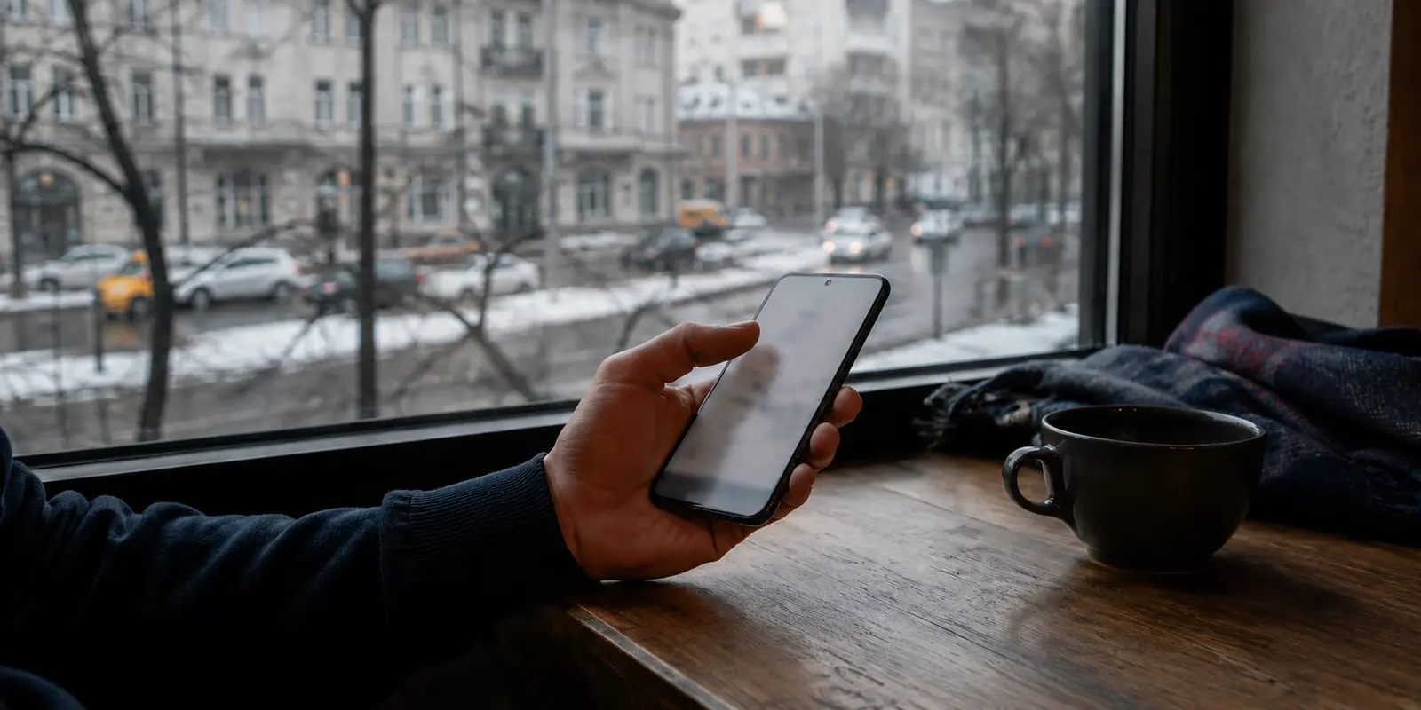 هاتف Android أمام نافذة تطل على شارع شتوي في موسكو