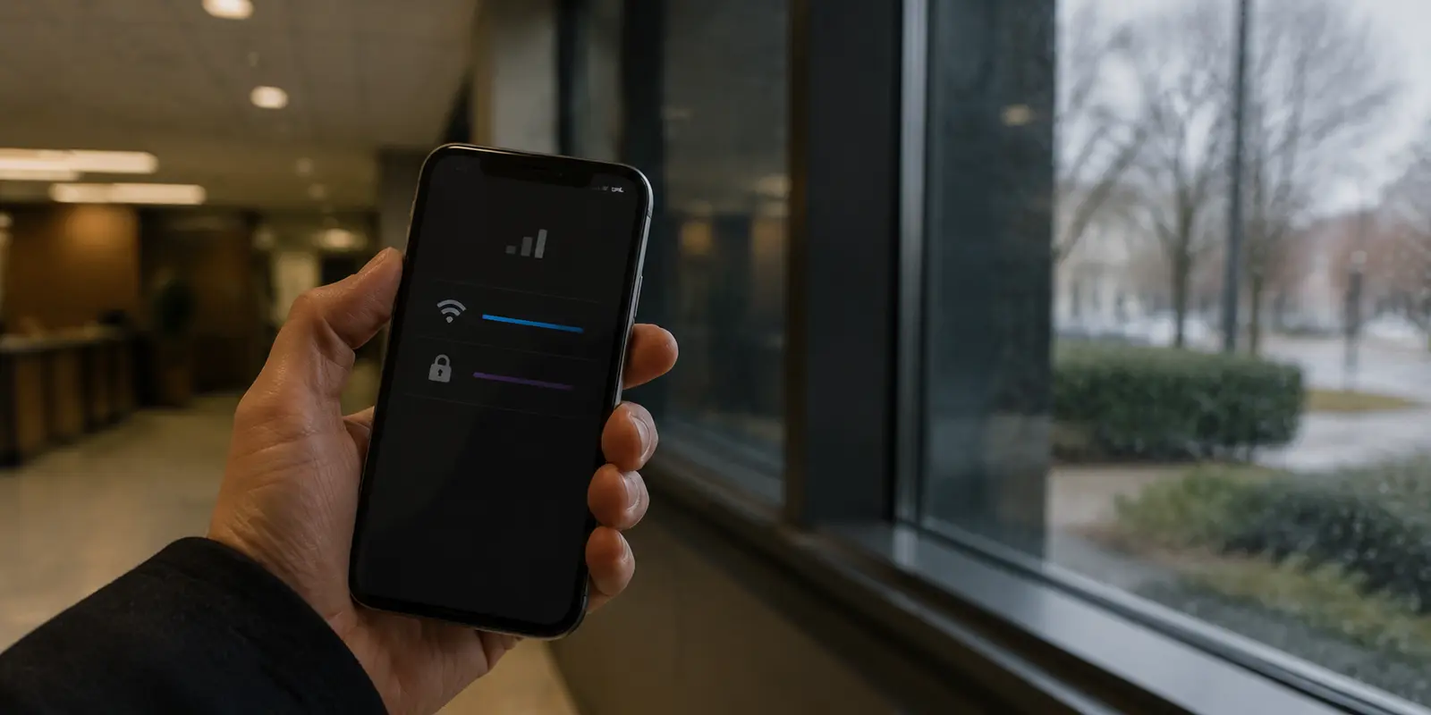 هاتف iPhone يحاول الاتصال عبر VPN على شبكة Wi-Fi عامة مقيدة داخل مبنى