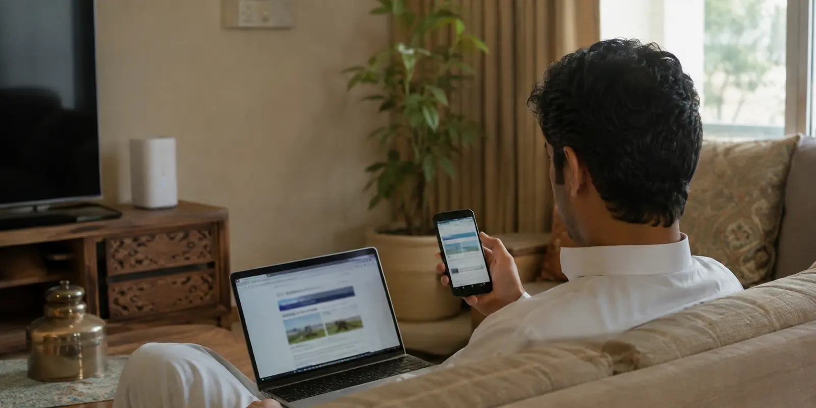 مستخدم يقارن فتح الرابط نفسه على هاتف وحاسوب في منزل سعودي