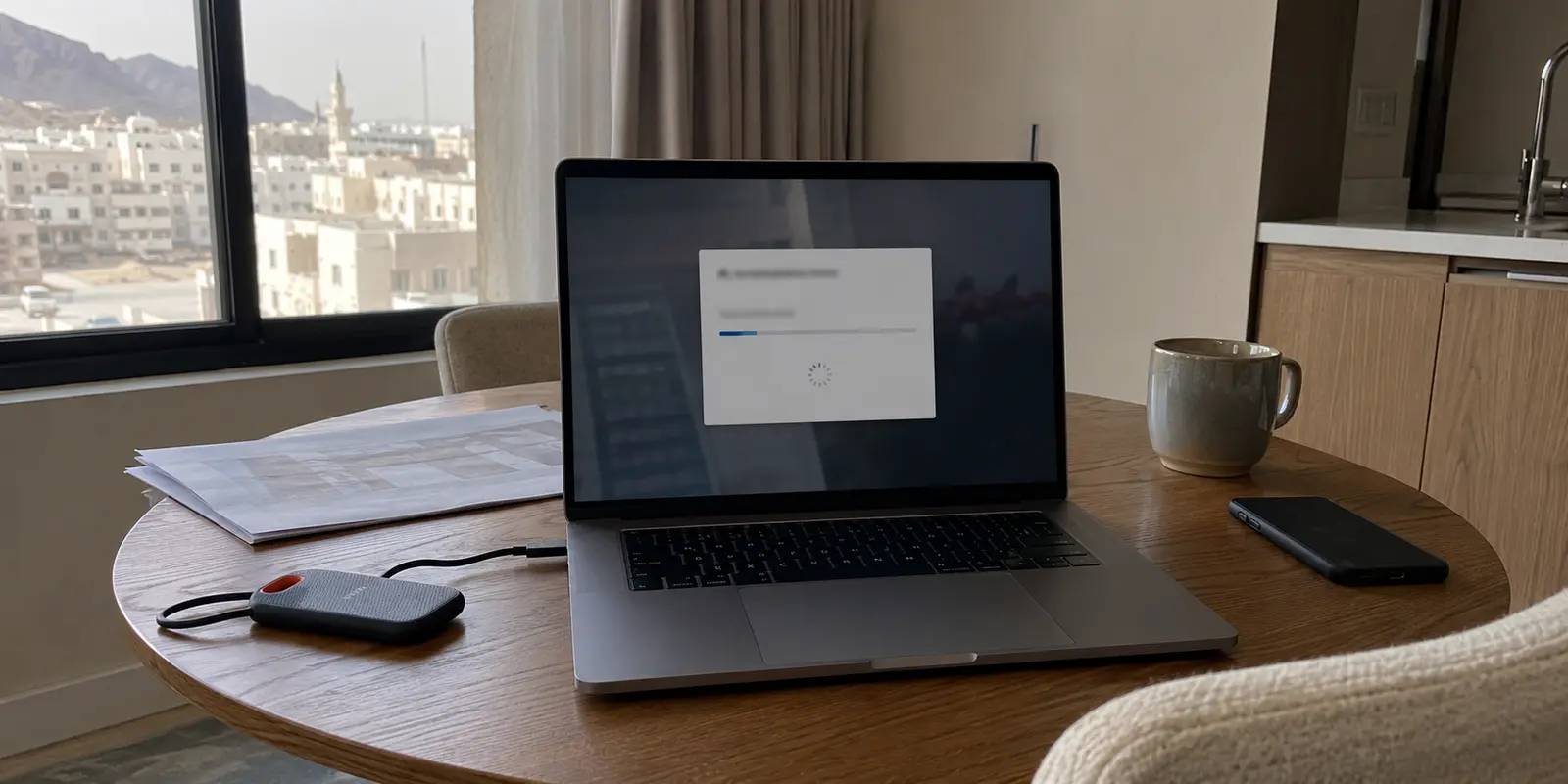 حاسوب محمول يعرض رفع ملف متوقفًا في شقة بمسقط