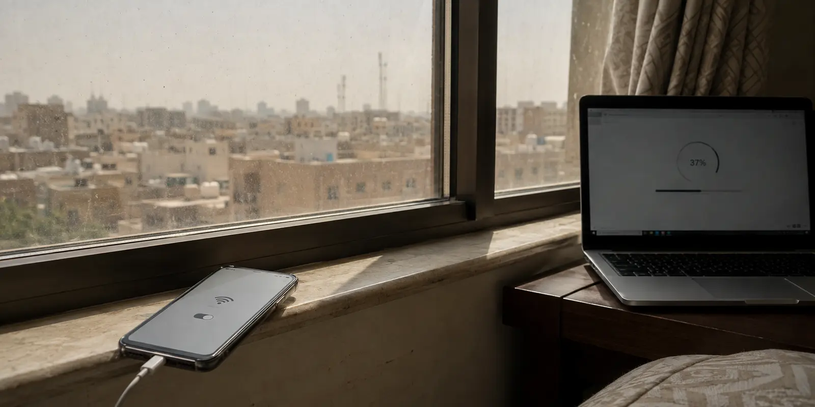 هاتف يعمل كنقطة اتصال قرب نافذة في الكويت بينما يتوقف رفع ملف على الحاسوب عند 37 بالمئة