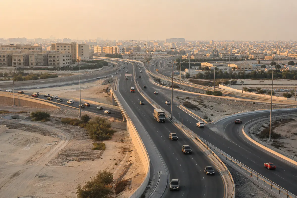 طرق متعددة تتفرع عبر أطراف مدينة المنامة عند الغروب