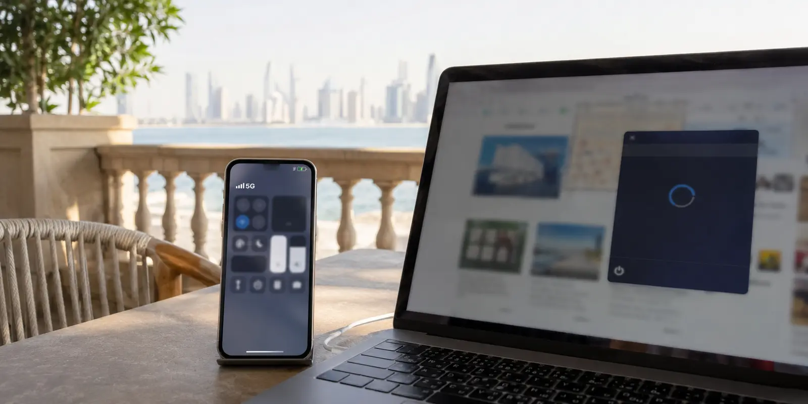 هاتف يعرض إشارة 5G قوية في الدوحة بينما يبقى اتصال VPN على الحاسوب عالقًا