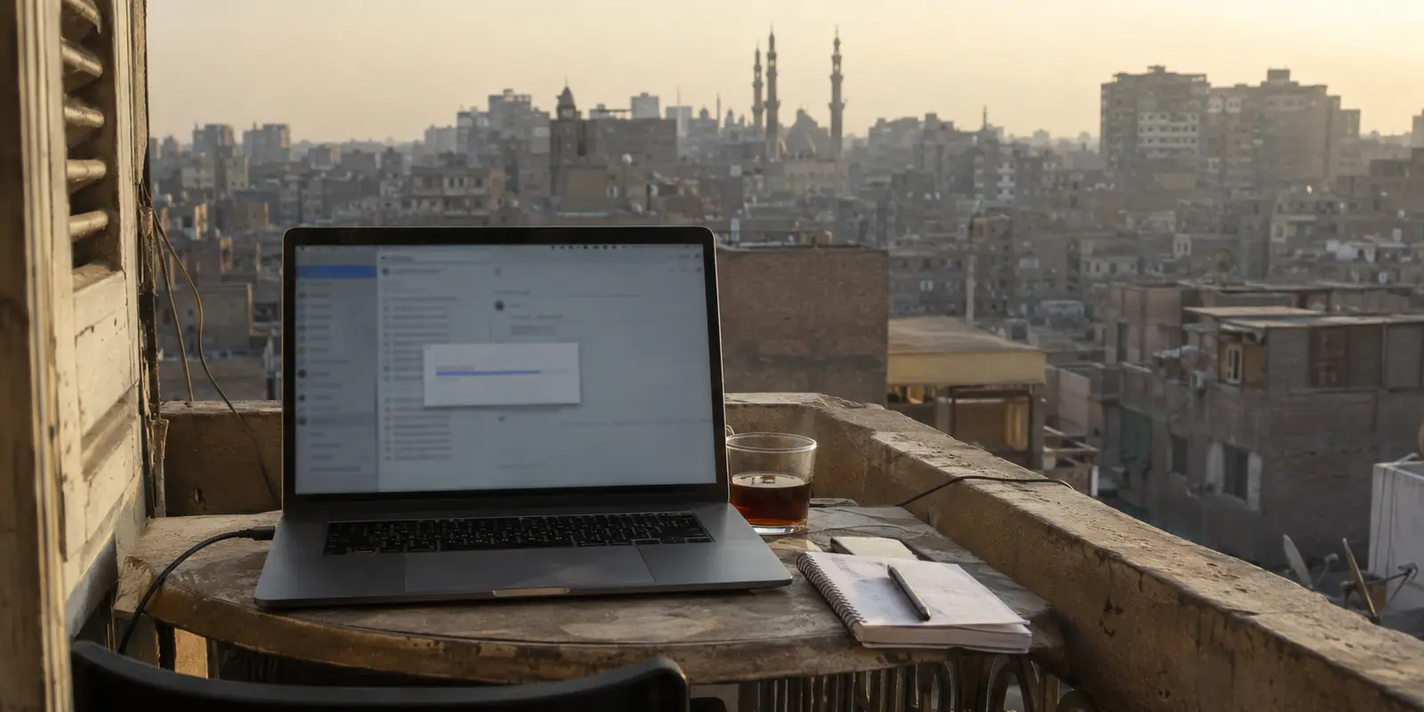 حاسوب يحاول إنشاء اتصال عمل من شرفة تطل على القاهرة