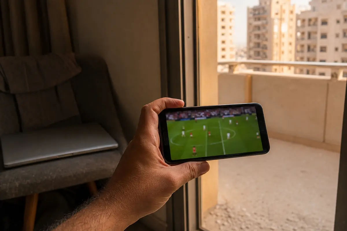 مشاهدة مباراة على الهاتف قرب شرفة شقة في الدوحة