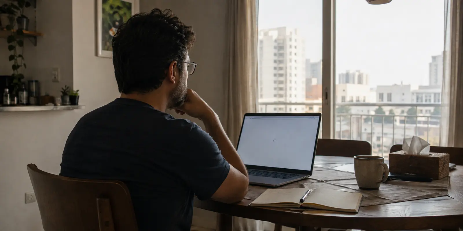 شخص ينتظر تحميل بوابة عمل على حاسوب محمول في شقة بالدوحة
