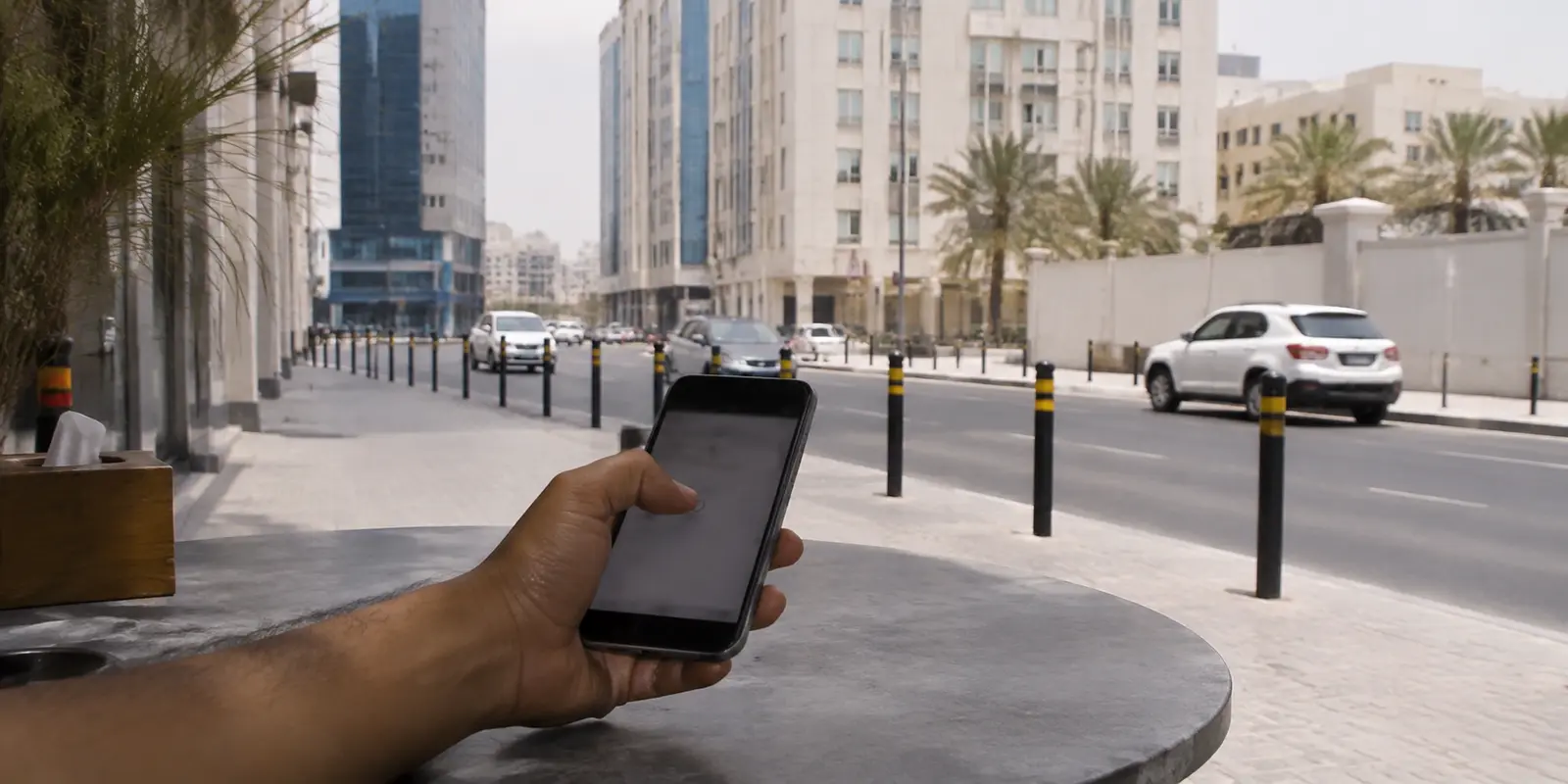 محاولة فتح صفحة على هاتف محمول في شارع بالمنامة