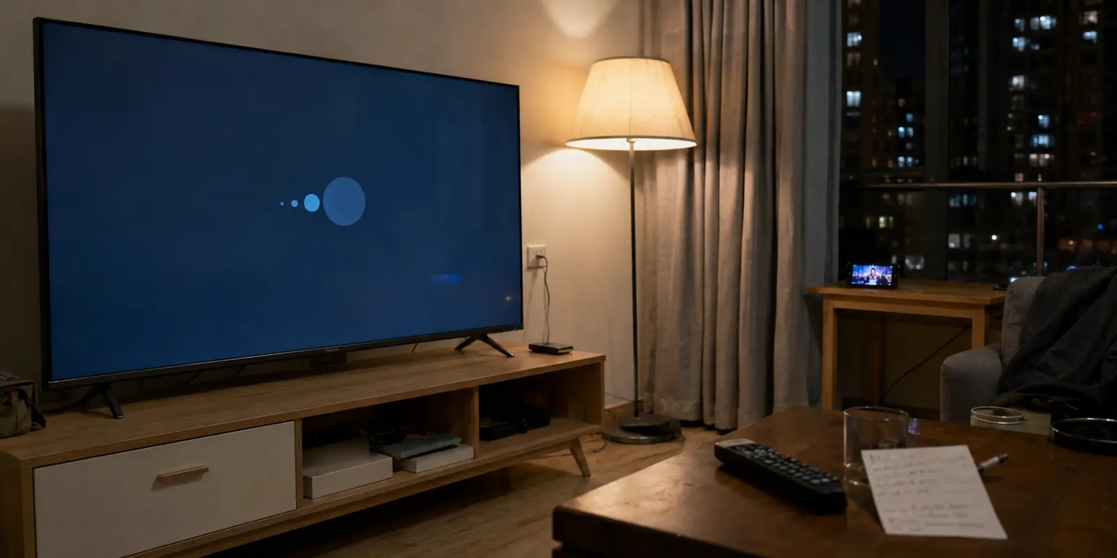 تلفاز عالق في شاشة تحميل داخل شقة مؤقتة بينما يعمل الفيديو على الهاتف