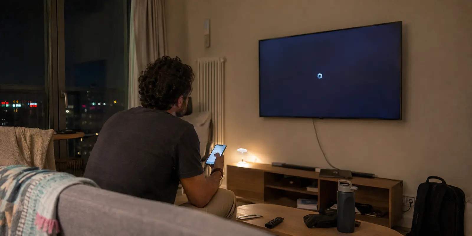 مسافر أمام تلفاز متوقف بينما هاتفه متصل بصورة مستقلة