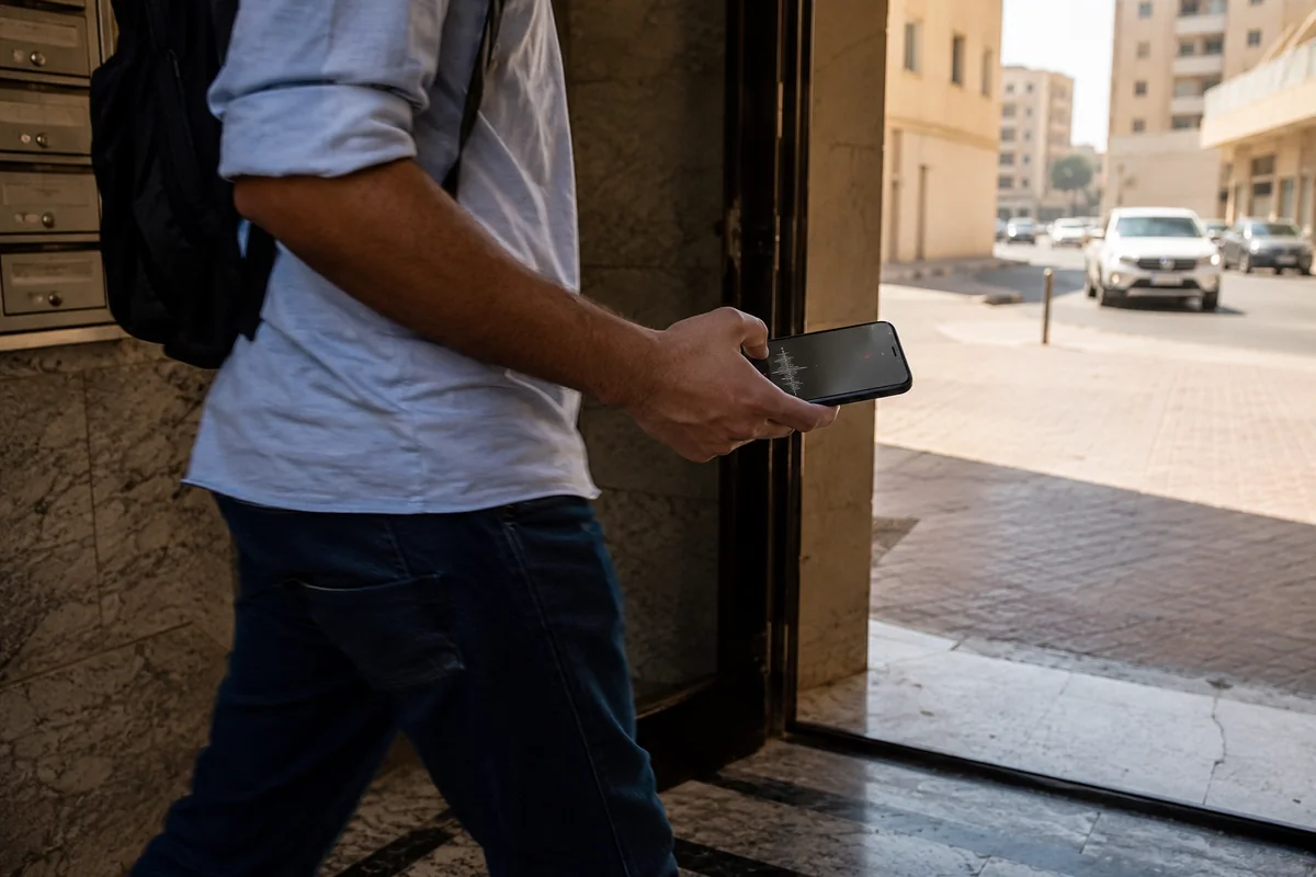 مسافر يواصل مكالمة صوتية أثناء خروجه من المبنى إلى شبكة الهاتف