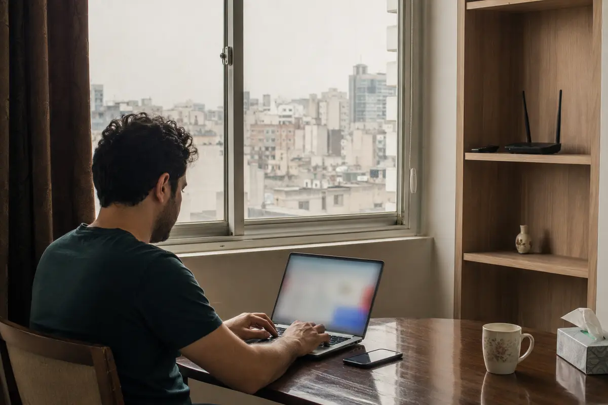 مسافر يستخدم تطبيق الاتصال مباشرة على اللابتوب بينما يبقى الراوتر جانبًا