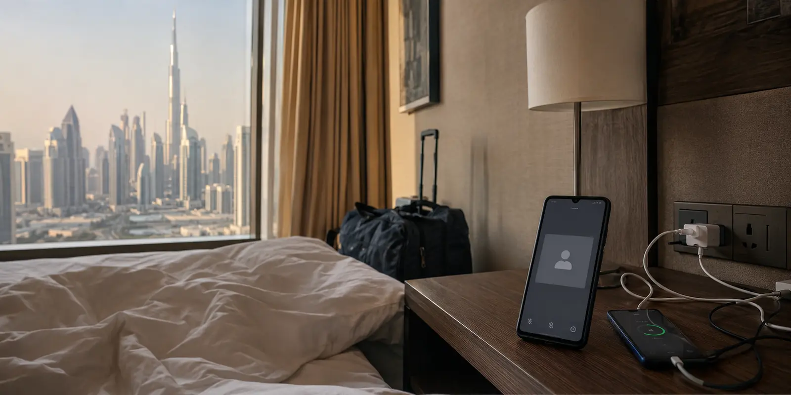 هاتف في غرفة فندق بدبي يعرض مكالمة فيديو لا تبدأ رغم اتصال VPN