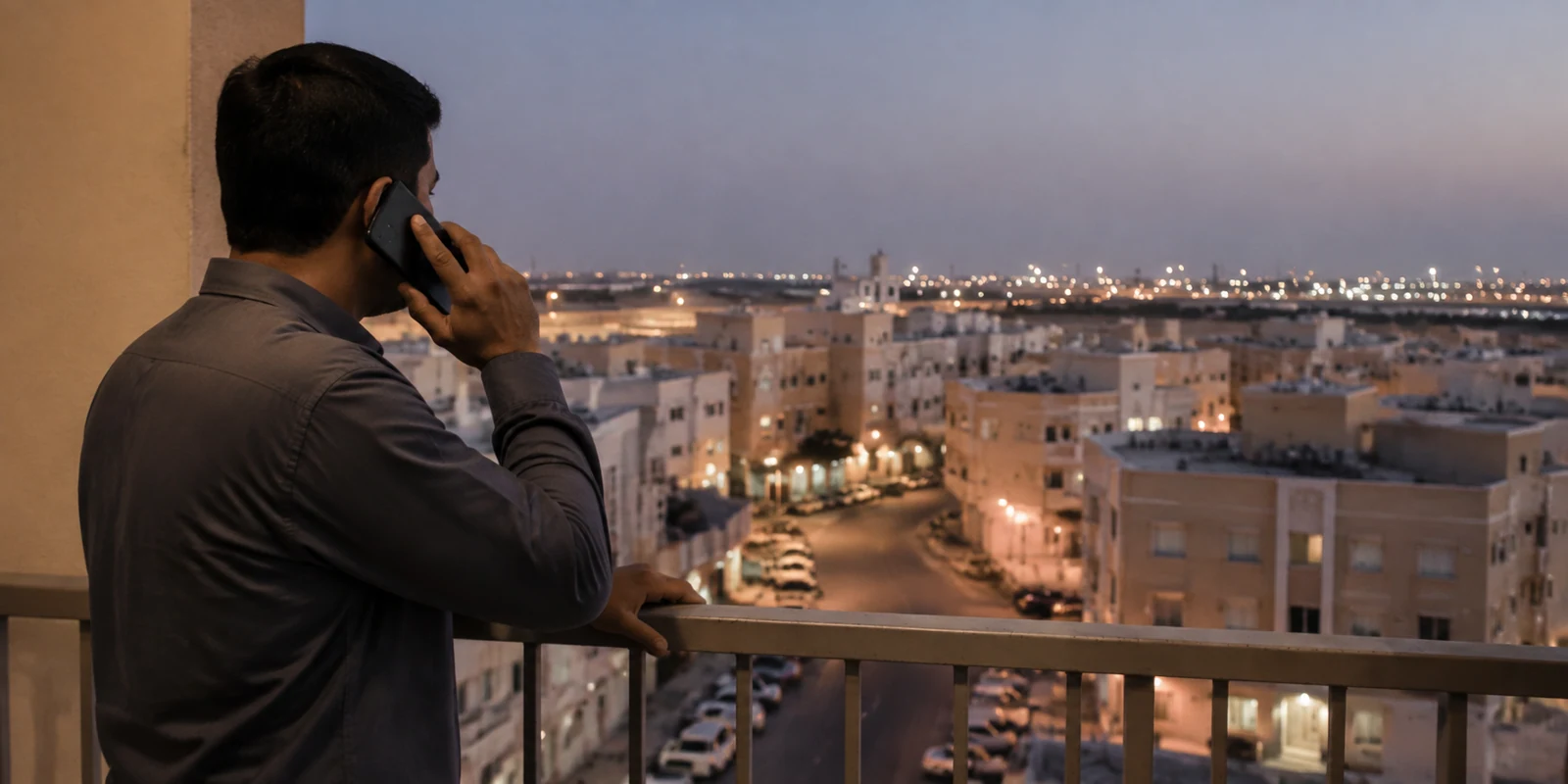 شخص يجري مكالمة هاتفية من شرفة تطل على حي سكني في الإمارات عند الغروب