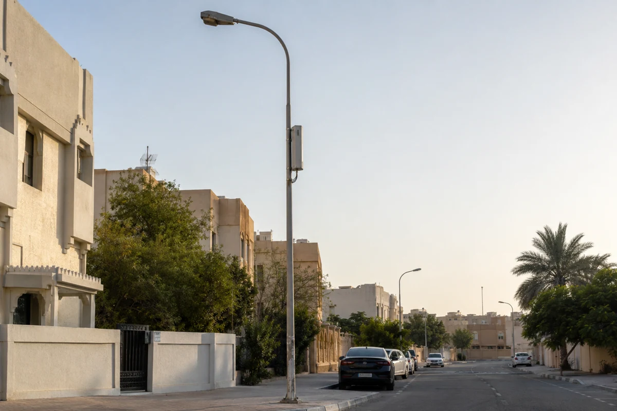 هوائي شبكة خلوية صغير مثبت على عمود إنارة في شارع سكني بالإمارات