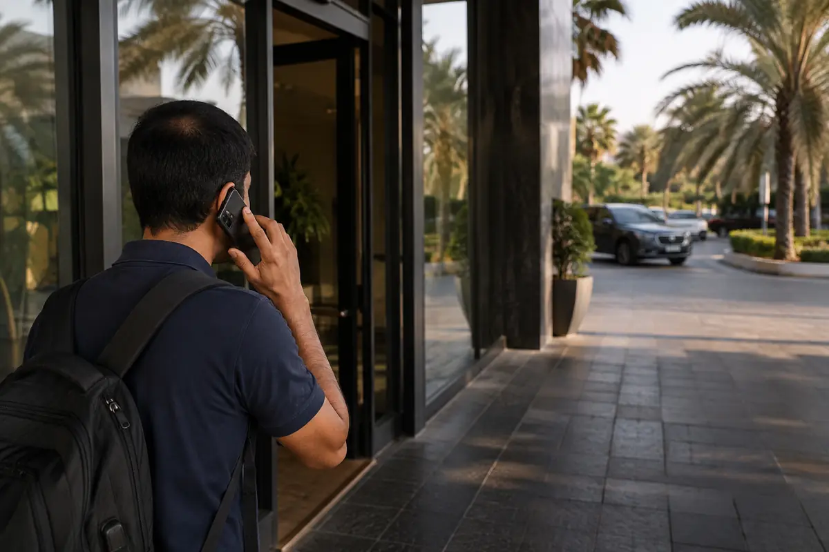 مسافر يواصل مكالمة هاتفية أثناء خروجه من نطاق شبكة الفندق