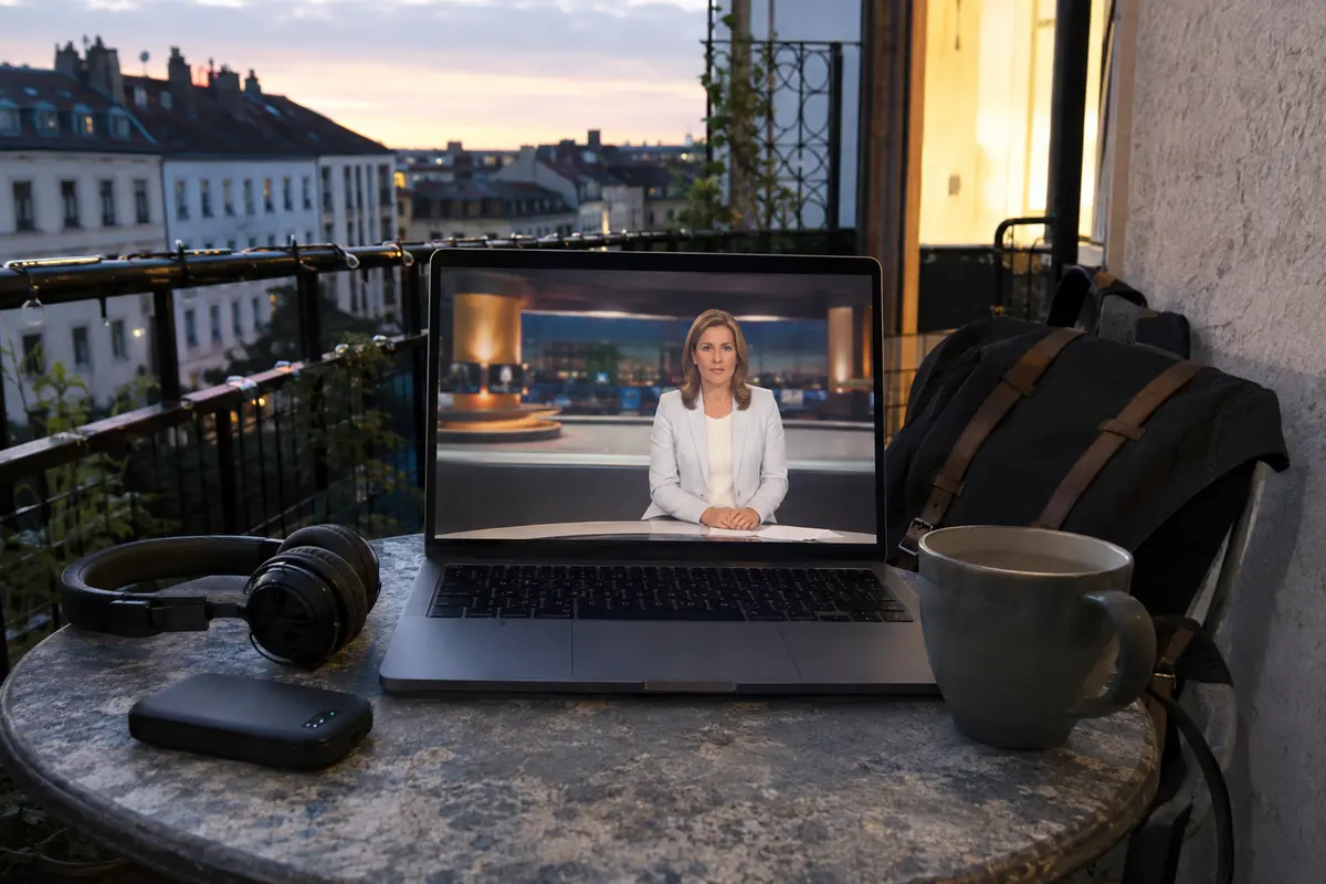 Ein deutscher Fernsehstream läuft auf dem Laptop einer Ferienwohnung