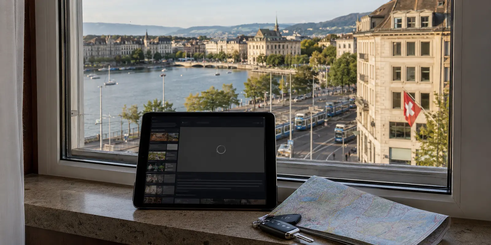 Nicht startender deutscher TV-Stream auf einem Tablet vor dem Zürcher Stadtpanorama
