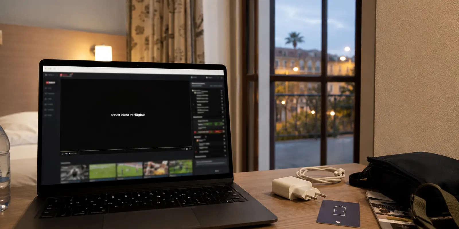 Ein blockierter Sportstream auf einem Laptop im Hotelzimmer