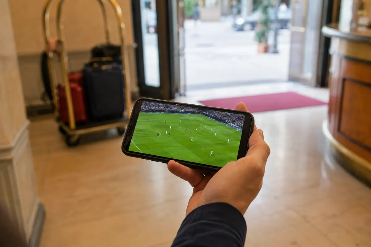 Ein Fußballstream läuft auf einem Smartphone beim Weg durch die Hotellobby