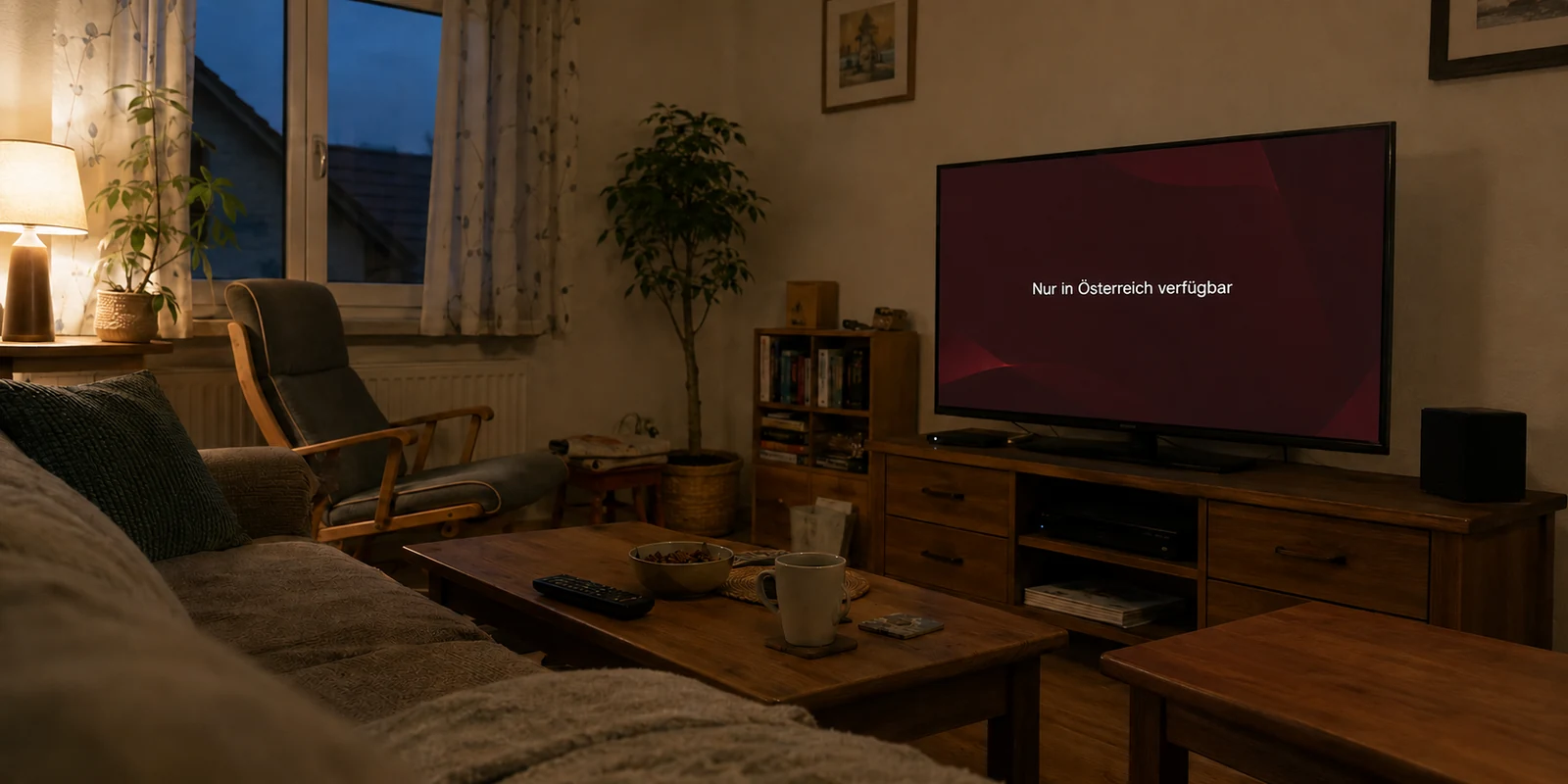 ORF-ON-Standortmeldung auf einem Fernseher in einer deutschen Gästelounge