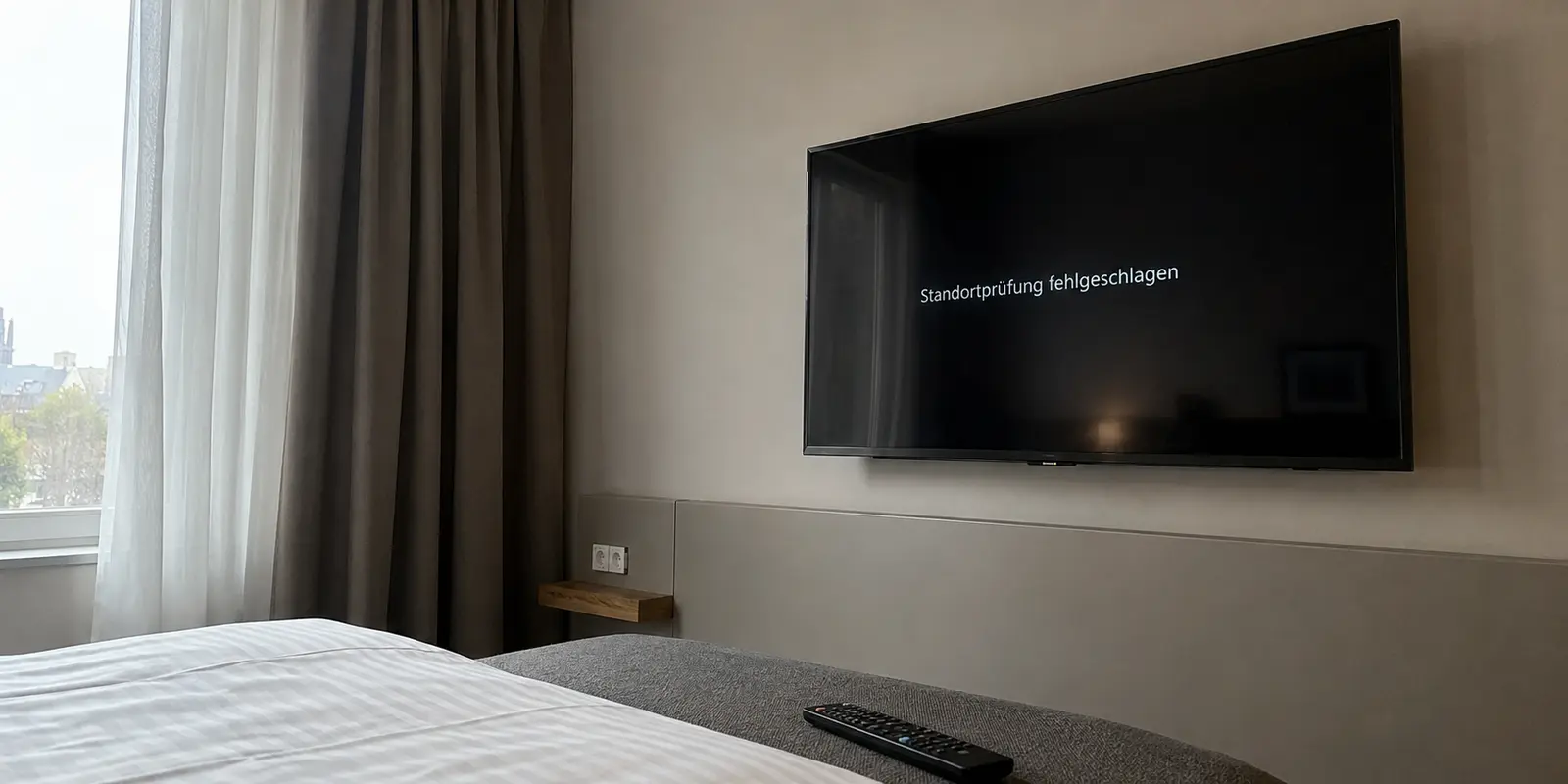 Hotelzimmer mit Fernseher, auf dem die Meldung Standortprüfung fehlgeschlagen erscheint
